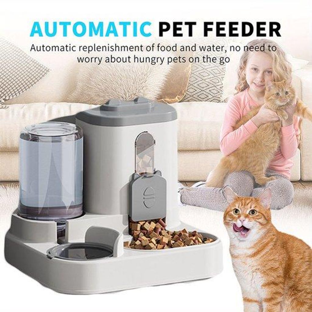 Automatische Fütterungsanlage morsbeständig mit Wasserdispenser für Katzen und Hunde grau