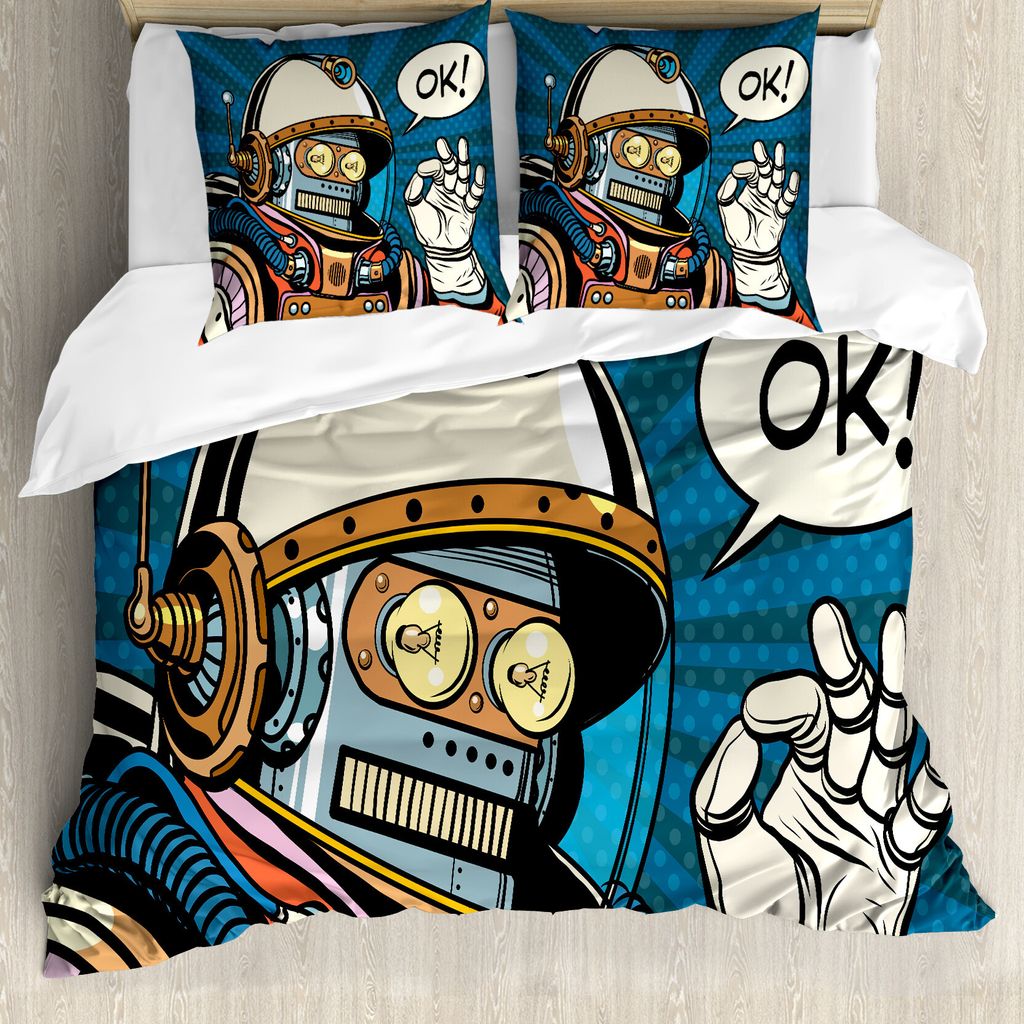 ABAKUHAUS Modern Bettbezug, Futuristisch Comics Roboter, Milbensicher Allergiker geeignet mit Kissenbezügen, 200 cm x 200 cm - 80 x 80 cm, Mehrfarbig