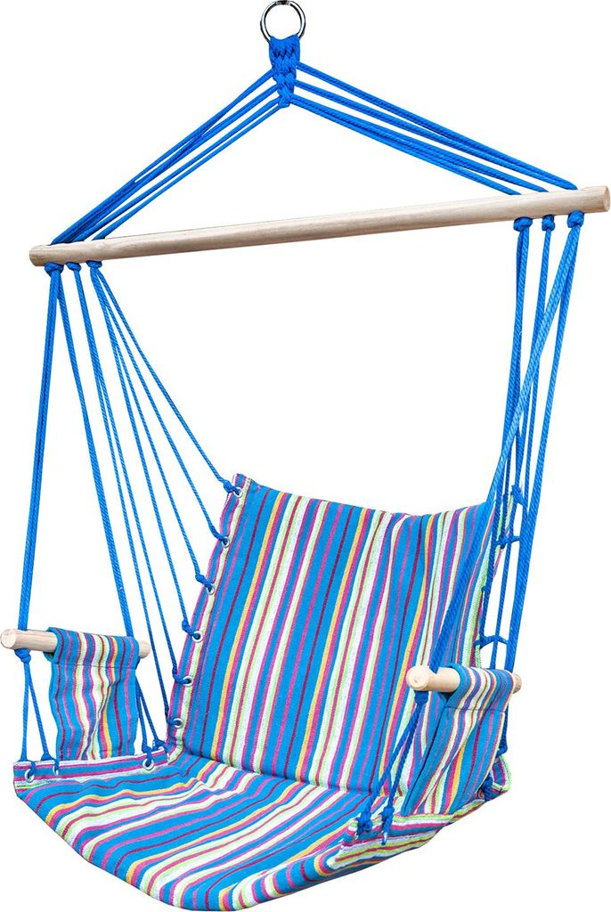 A hanging chair with a striped cushion, suspended by blue ropes from a wooden bar.