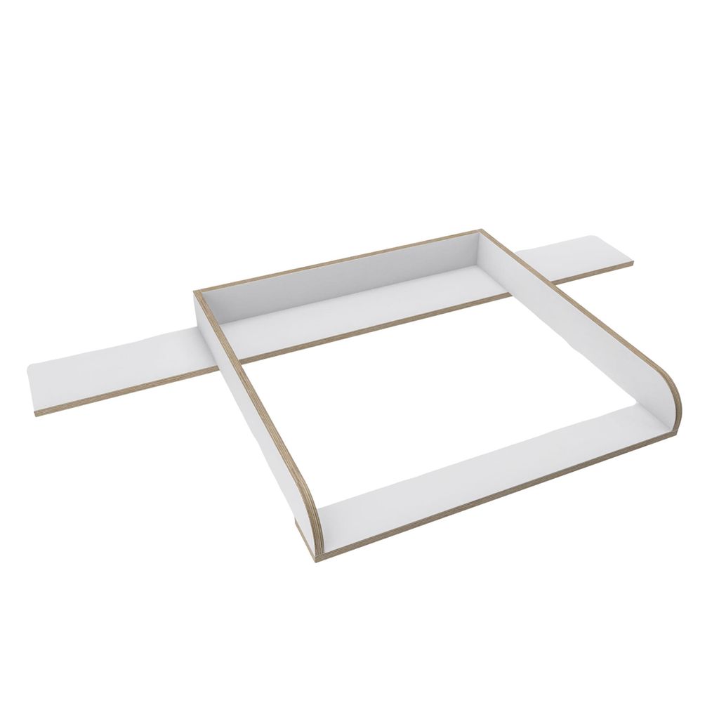 A white wooden changing table attachment with two side extensions, shown against a white background.