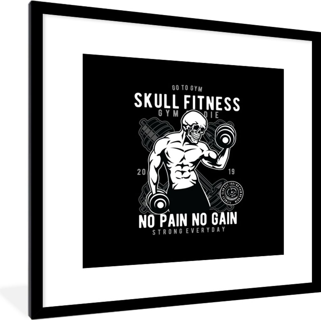 MuchoWow MuchoWow Gerahmtes Poster Gewichte - Skelett - Fitness - Retro 40x40 cm - Poster mit zchwarzem Bilderrahmen - Poster - Plakat im Rahmen
