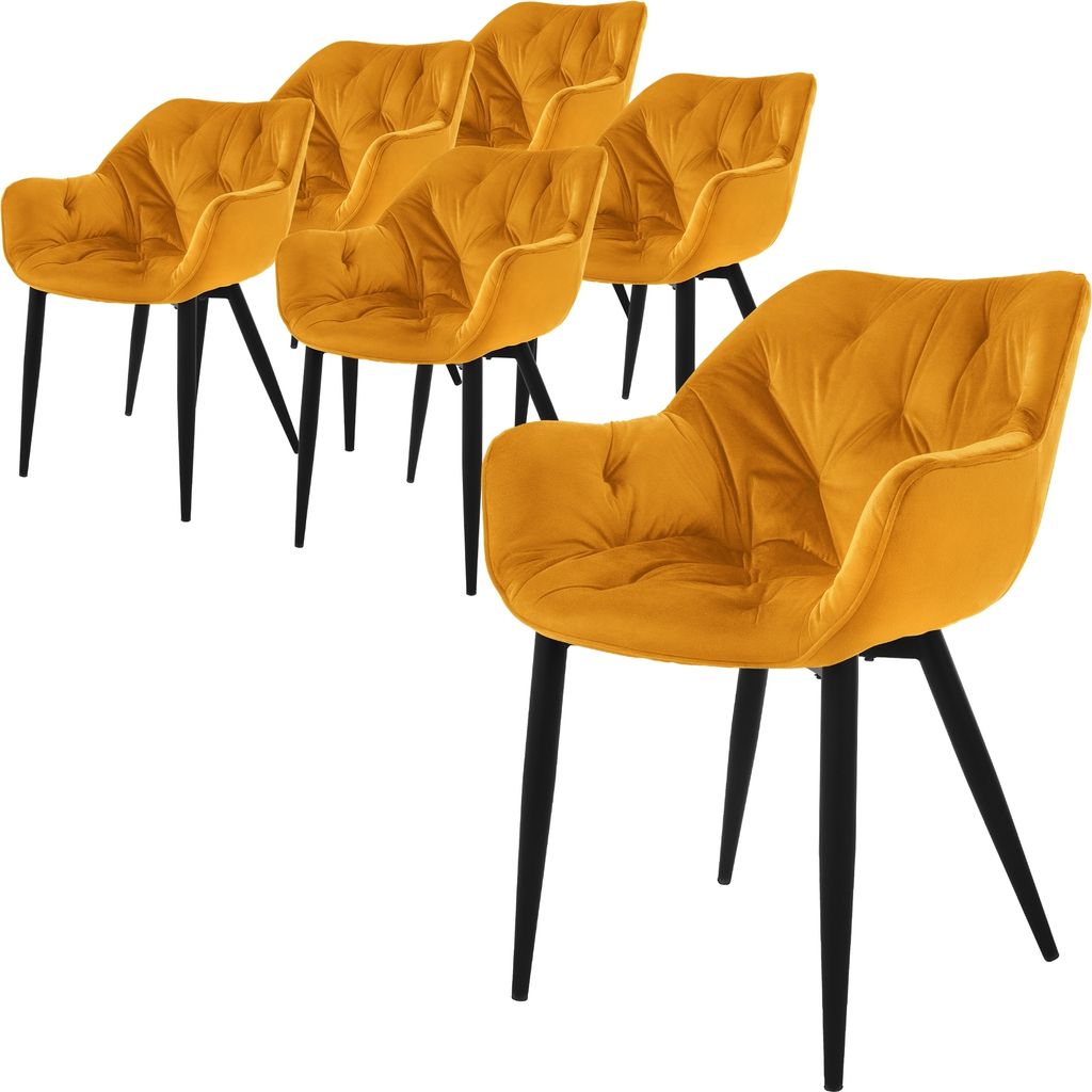 A set of six mustard yellow velvet dining chairs with black legs, arranged on a white background.