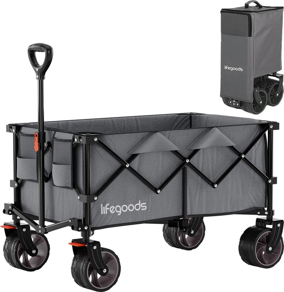 LifeGoods Bollerwagen - XL - Faltbar - 100KG - 200L - Handwagen - Schutzhülle - Grau