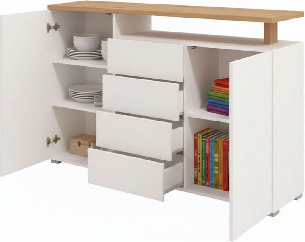 Dmora Sideboard Levate 154x40x94h cm Weiß, 4 Schubladen 4 Regale