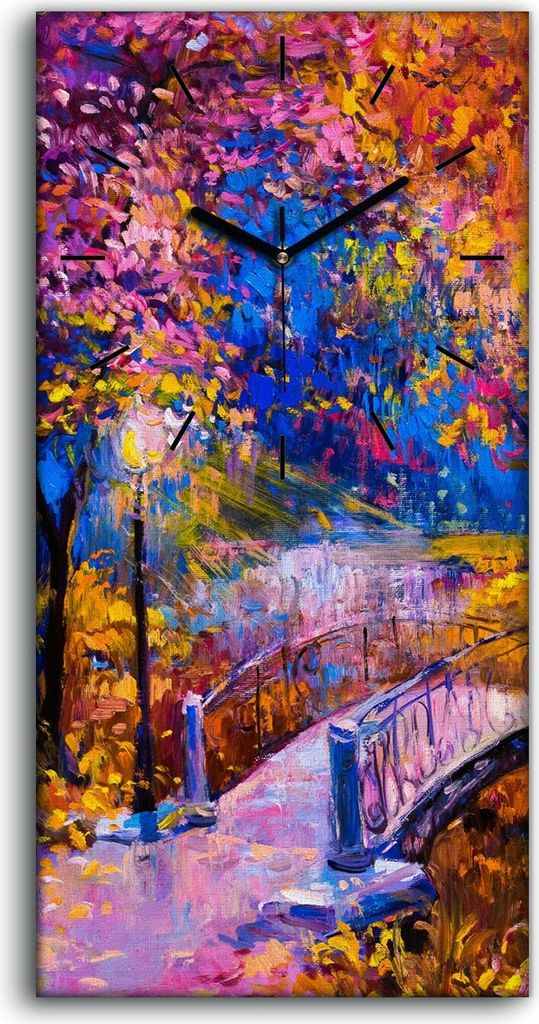 Wanduhr Uhr Wandbild Leinwand Quarz 30x60 Kunst Landschaft buntes Herbst Malerei - schwarze Hände