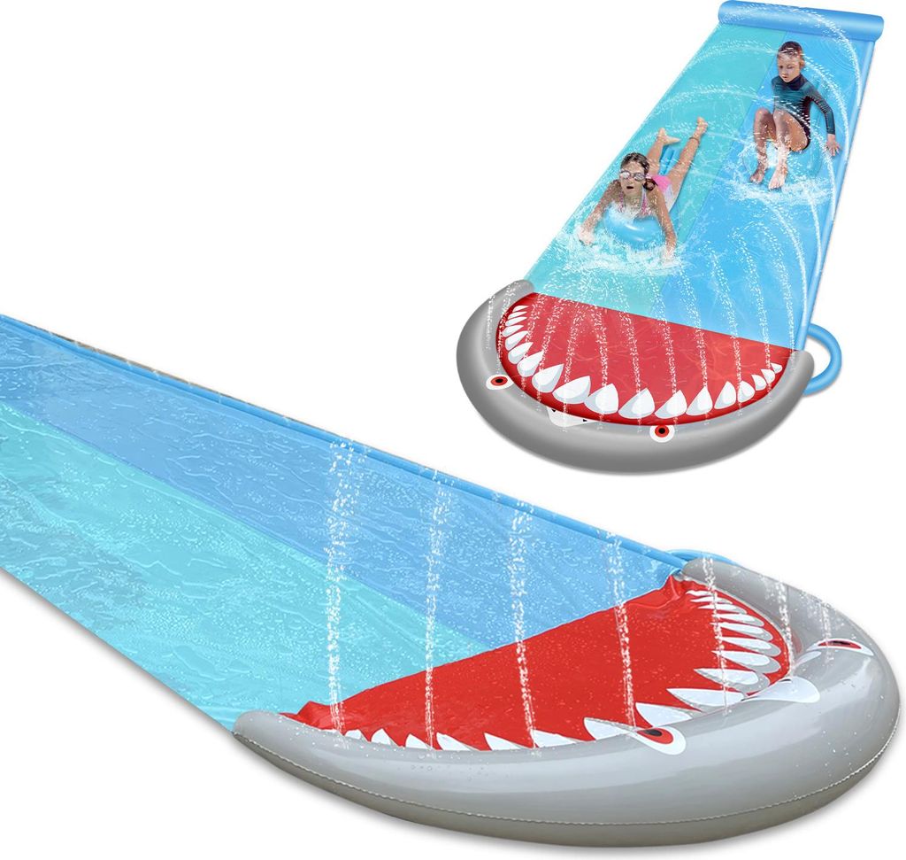 Faziango Wasserrutschmatte 550cm mit 2 Bahnen, Hai-Design & Sprinkler, Sicherer Aufprallschutz für Sommer Garten