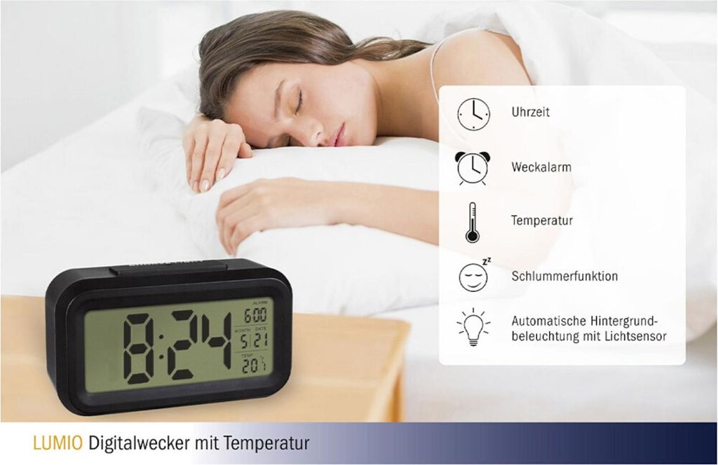 A woman sleeping in bed next to a digital alarm clock, with a graphic overlay detailing the clock's features.