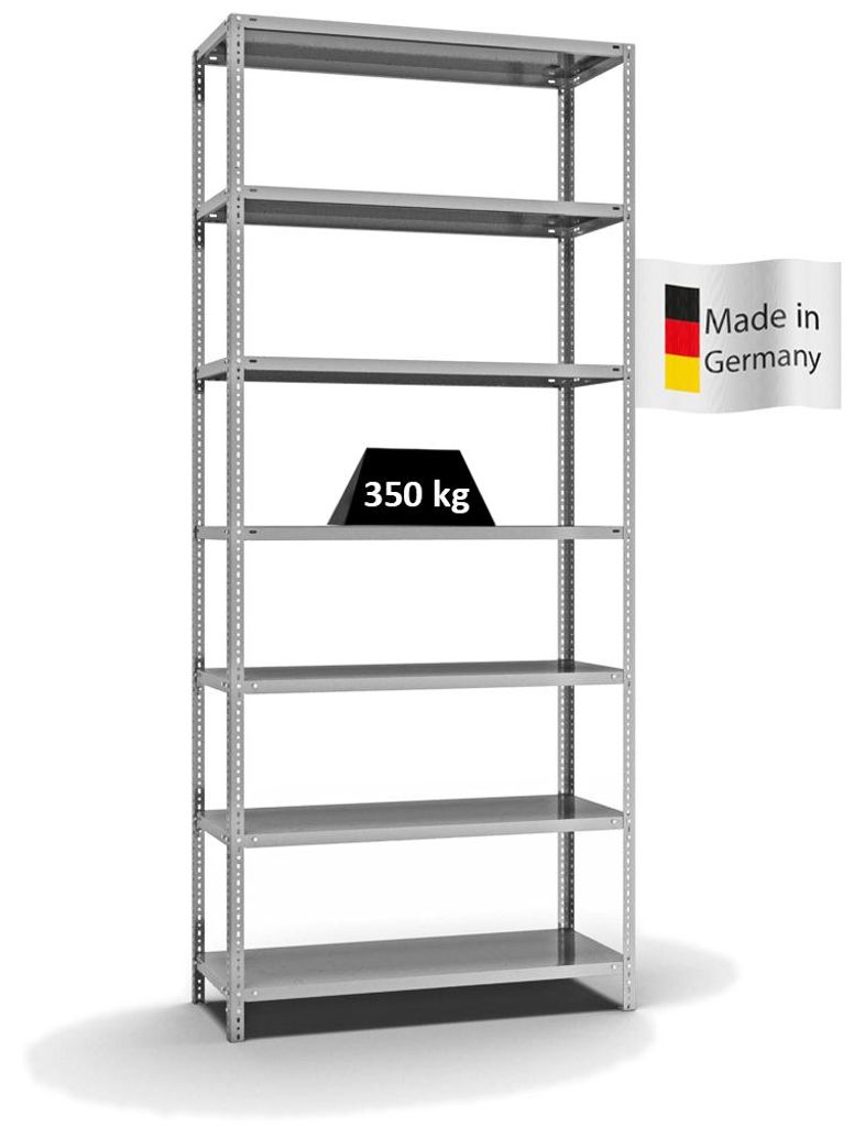 PROREGAL Fachbodenregal Schraubsystem MAGNUS Germany | HxBxT 300x130x50cm | 7 Ebenen | Fachlast 350 kg | Beidseitig nutzbar | Verzinkt