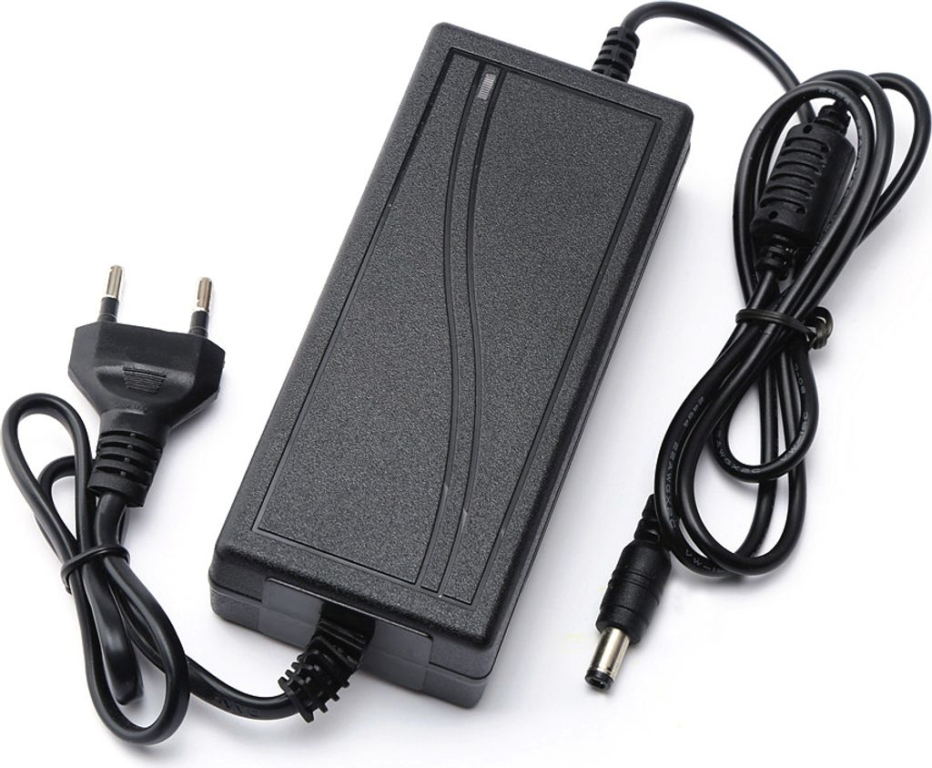 A black power adapter with two cables and a European plug, shown on a white background.