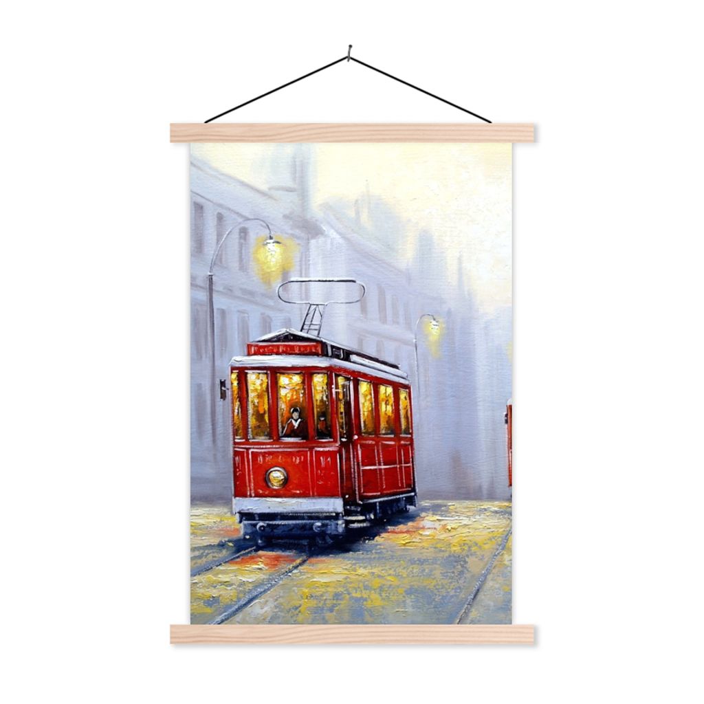 MuchoWow Textilposter Gemälde - Straßenbahn - Stadt - Öl 120x180 cm mit holzfarbenen Rahmen - Textil-Plakat