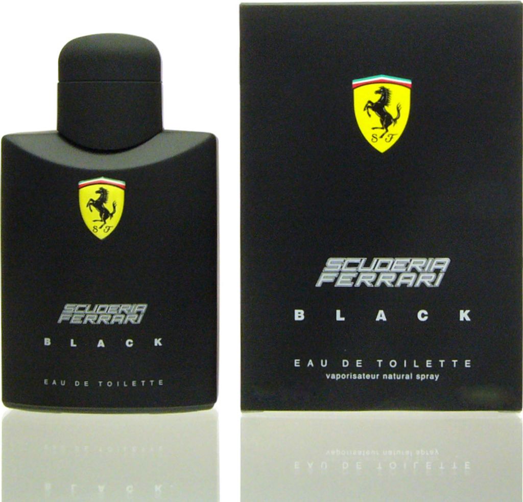 A black bottle of Ferrari Scuderia Black eau de Toilette and its packaging are displayed against a white background.