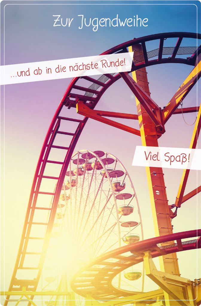 Jugendweihe Karte mit Umschlag, unverpackt, Achterbahn Riesenrad nächste Runde