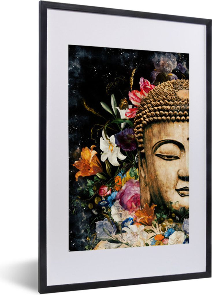 MuchoWow MuchoWow Gerahmtes Poster Buddha - Blumen - Statue 40x60 cm - Poster mit zchwarzem Bilderrahmen - Poster in Rahmen