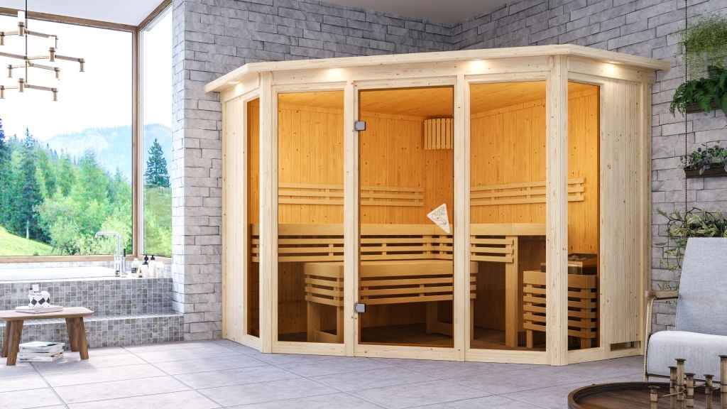 Karibu Sauna Innensauna Alcinda 2 Ganzglas Fronteinstieg Ofen 9 kW externe Strg easy 245x245x202 cm mit Dachkranz