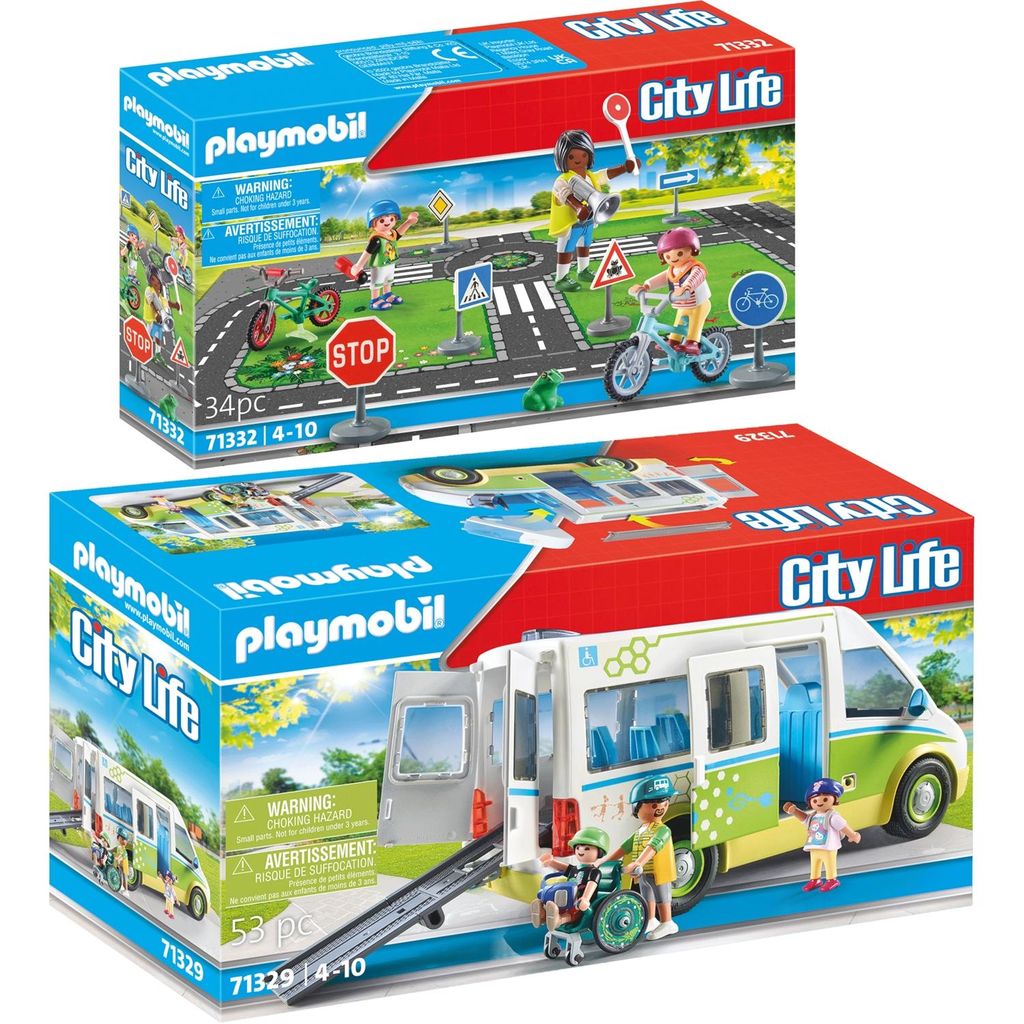 PLAYMOBIL 71329-32 2er-Set Schulbus + Fahrradparcours