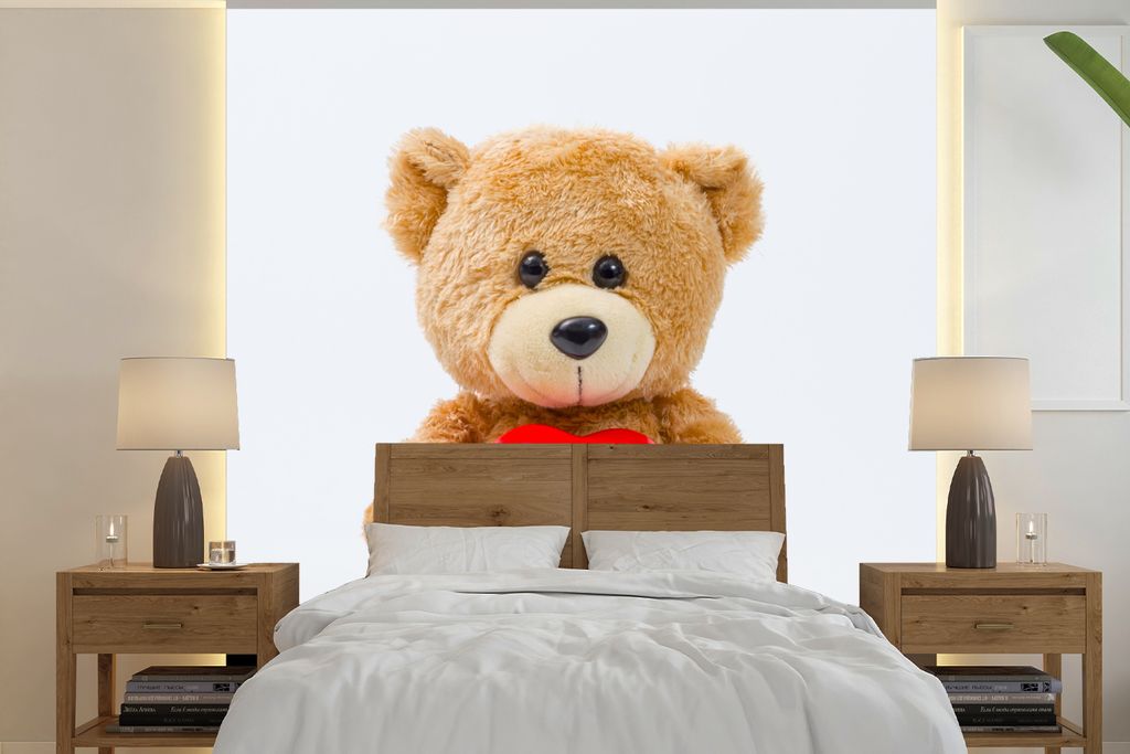 MuchoWow Fototapete für Wohnzimmer oder Schlafzimmer Wandtapete Vinyl Motivtapete Ein Teddybär zum Valentinstag - 260x260 cm - Papiertapeten