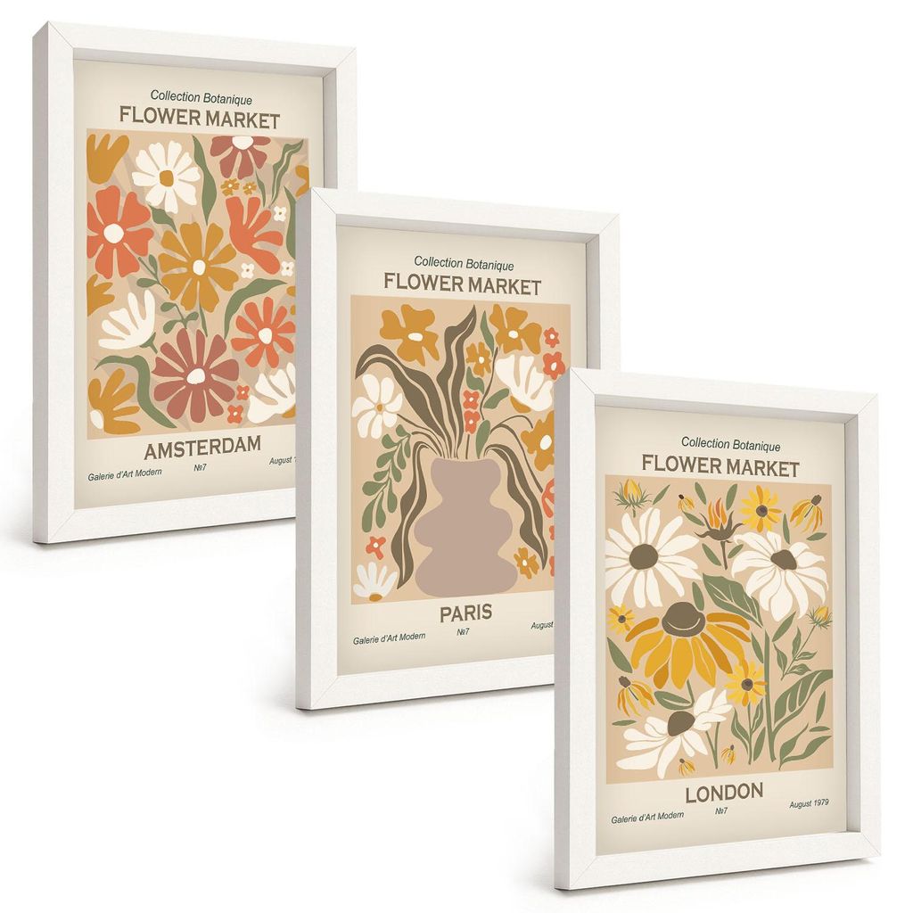 Bilder Set 3-teilig im weißen Rahmen – Wandbilder 3 Stück – gerahmte Poster für Wohnzimmer, Schlafzimmer und Flur – 20x30 cm – Blumenmus...