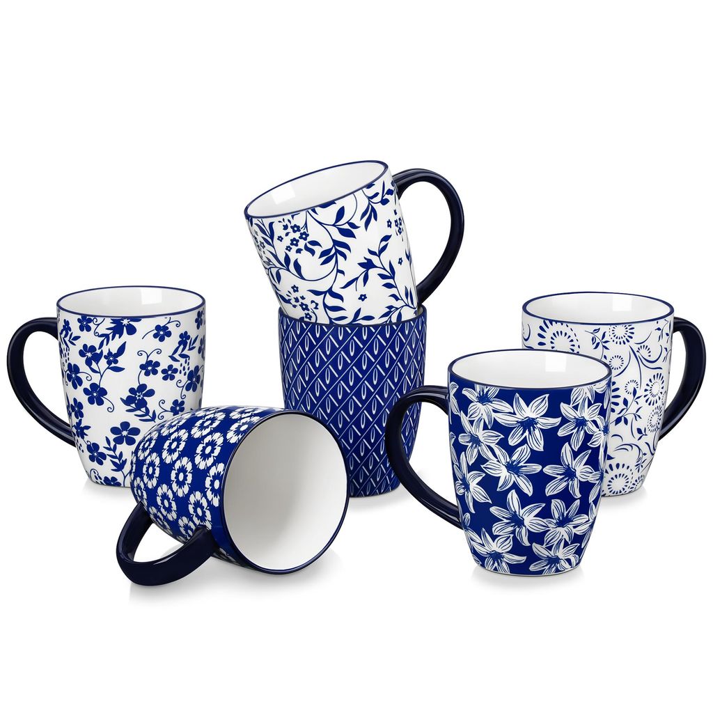 VANCASSO Becher Set, 6-tlg Tassen für 6, Kaffeebecher mit Henkel, 480ml Trinkbecher, Blau-weißes Porzellan