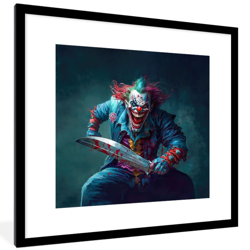 MuchoWow Gerahmtes Poster Clown - Horror - Messer - Kleidung - Porträt 40x40 cm - Poster mit Schwarzem Bilderrahmen Wandposter Rahmen Foto Bilde...