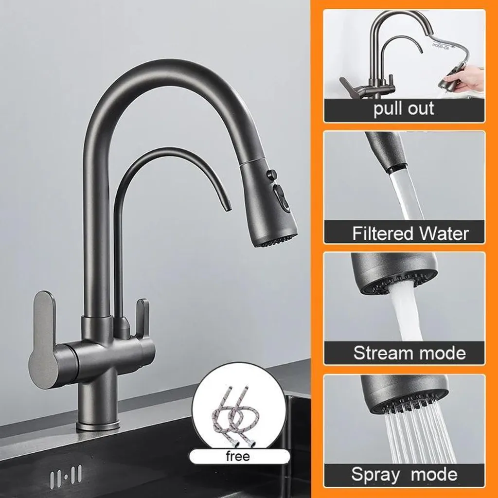 Robinet de cuisine à douchette extractible en acier inox gris bronze