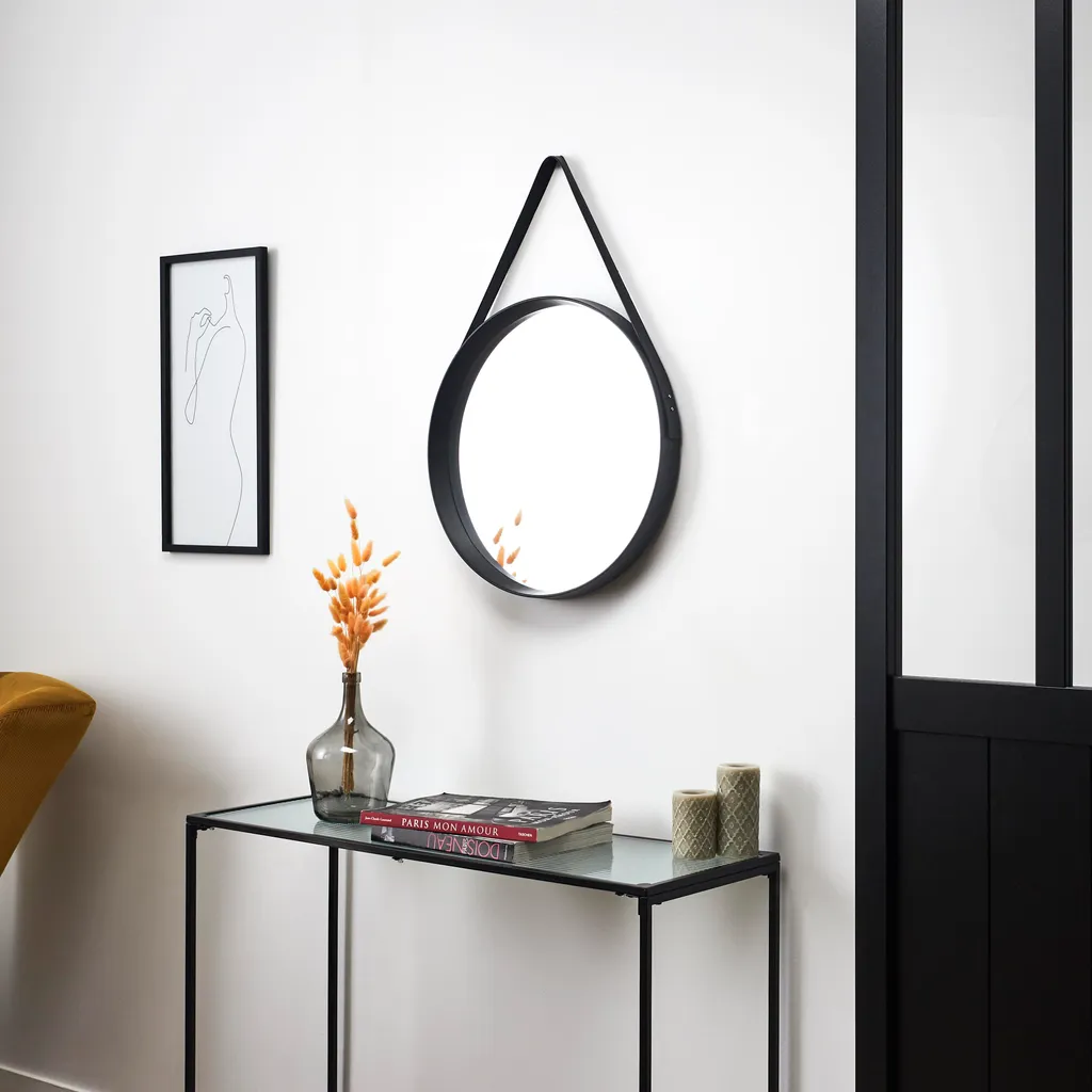 Grand Miroir Barbier Suspendu D50cm avec Cadre Métal Noir Industriel