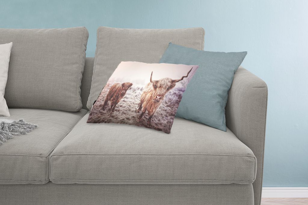MuchoWow Zierkissen Sofakissen Wohnzimmer Dekokissen 60x40 cm Schottische Hochlandbewohner - Licht - Himmel - Natur - Kopfkissen - Polster mit Foto