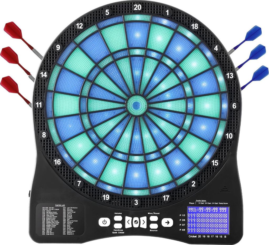 Elektronische Dartscheibe - Softdartboard - LED-Beleuchtung - 48 Spiele, 500 Spielvarianten - LCD-Anzeige mit Cricket-Punktestand - Für 8 Spieler ...