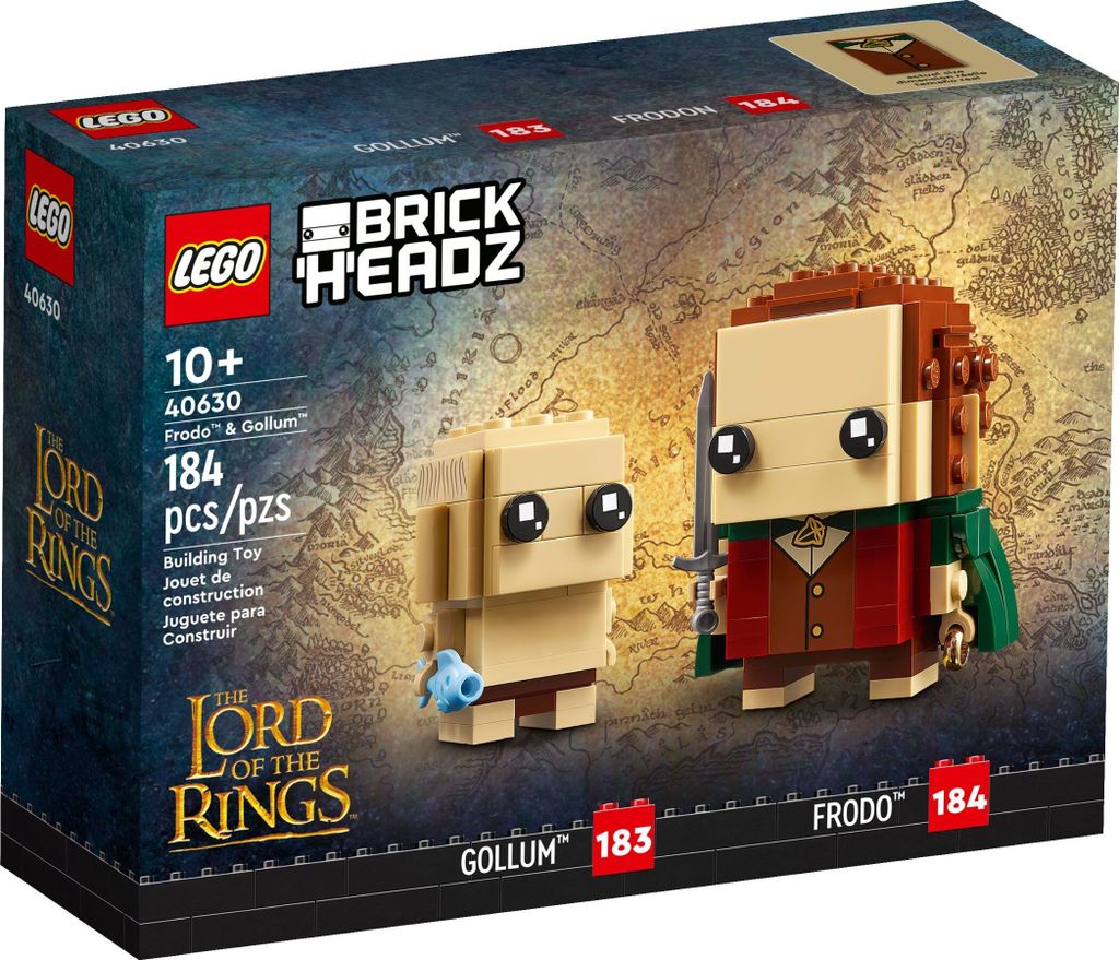 The image shows the front of a LEGO BrickHeadz box featuring Frodo and Gollum from The Lord of the Rings.