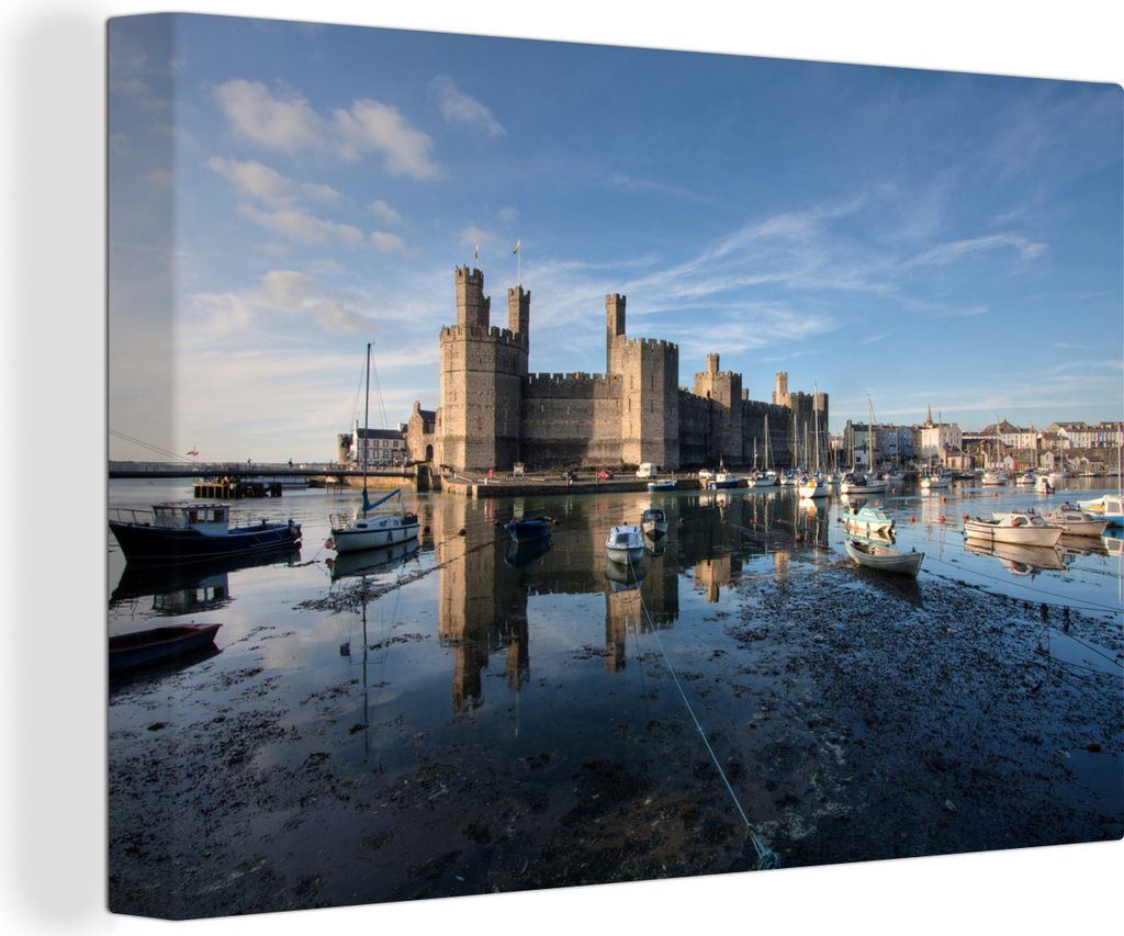 OneMillionCanvasses - Leinwandbilder - 140x90 cm, Burg Caernarfon bei schönem, klarem Himmel in Wales, Wandbilder Kunstdruck Wanddekoration - Fo...