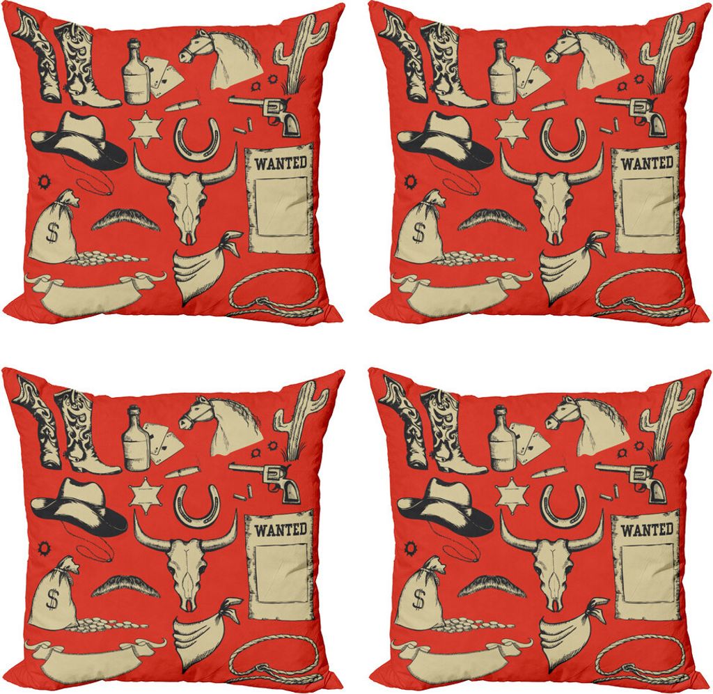 ABAKUHAUS Rodeo Kissenbezug Set (4 Stück), Gesucht Sign Old West, Moderner Doppelseitiger Digitaldruck, 50 cm x 50 cm, Vermilion Beige