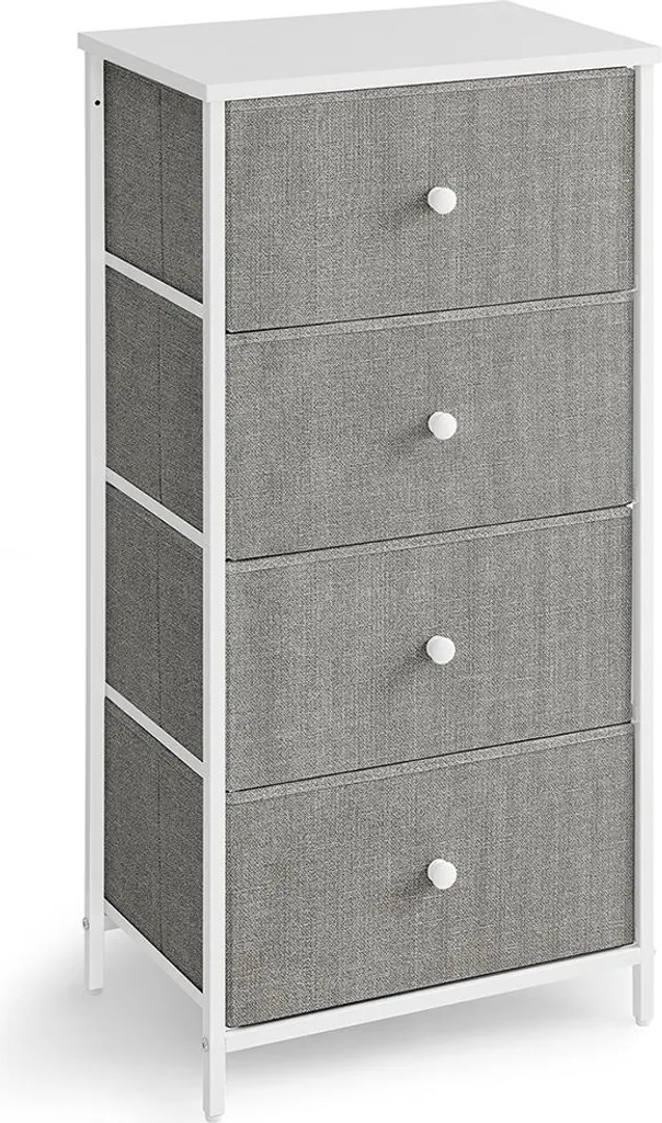 Comò 4 Cassetti in Tessuto e Metallo Grigio e Bianco | Arredo Casa Slim