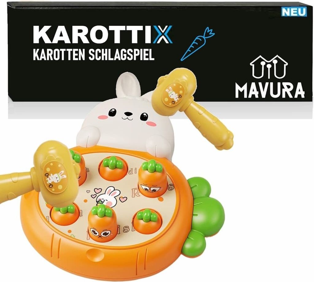 KAROTTIX Schlagspiel Hase Karotte mit Hammer Geschicklichkeit Batteriefreies Lernspielzeug für Kinder