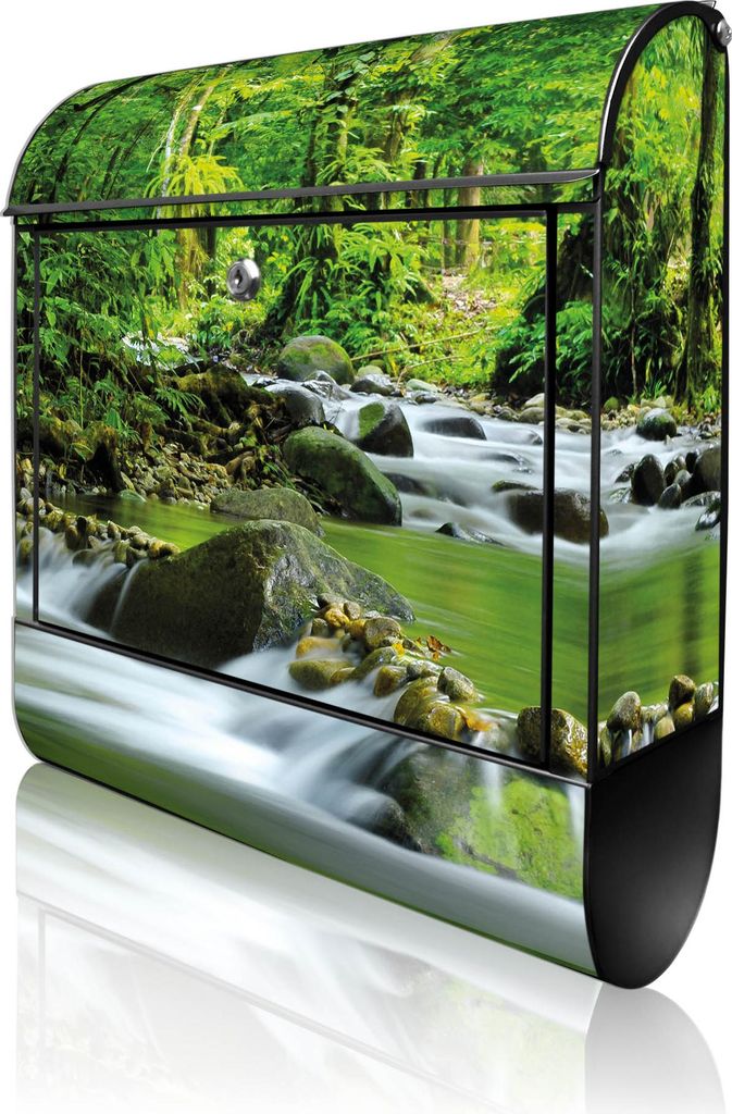 banjado Design Briefkasten Stahl schwarz mit Zeitungsfach pulverbeschichtet "Rauschender Bach" 38x46x12,5cm & 2 Schlüssel - Postkasten A4 Einwurf ...