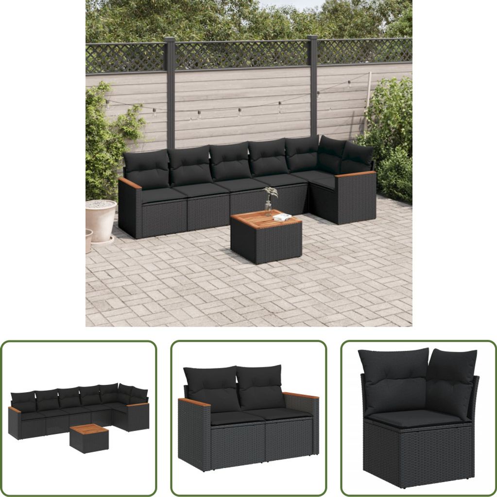 The Living Store 7-tlg. Garten-Sofagarnitur mit Kissen Schwarz Poly Rattan