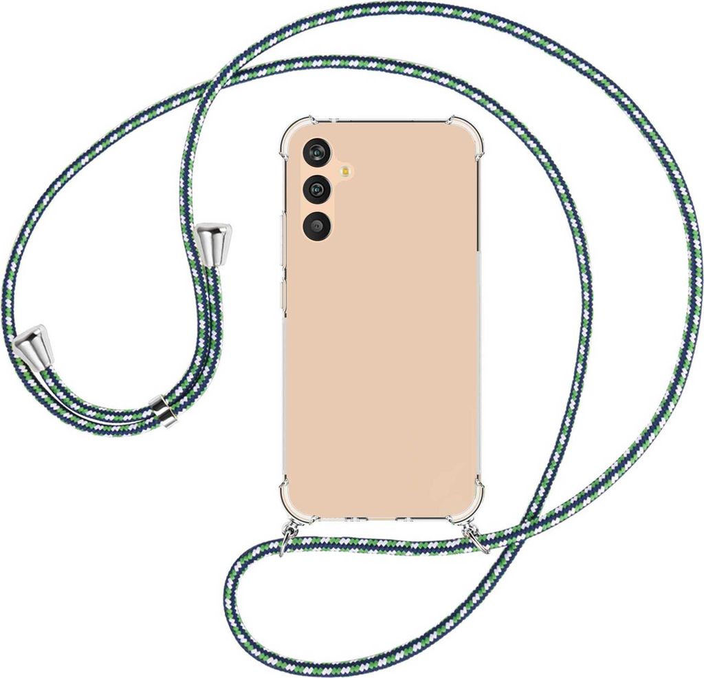 Handykette Backcover-Schutzhülle mit Band (Metall silberfarben) für Samsung Galaxy A34 5G - grün/blau/weiß