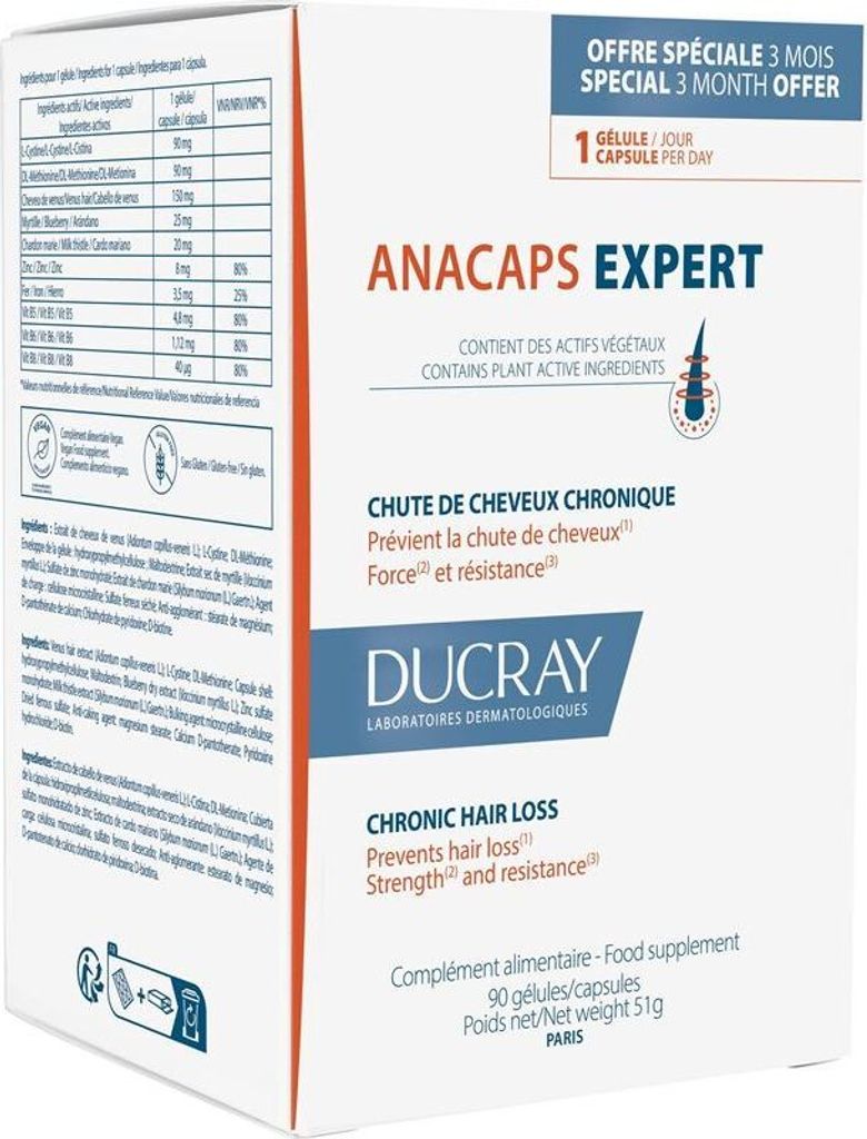 A box of Ducray Anacaps Expert hair loss supplement.