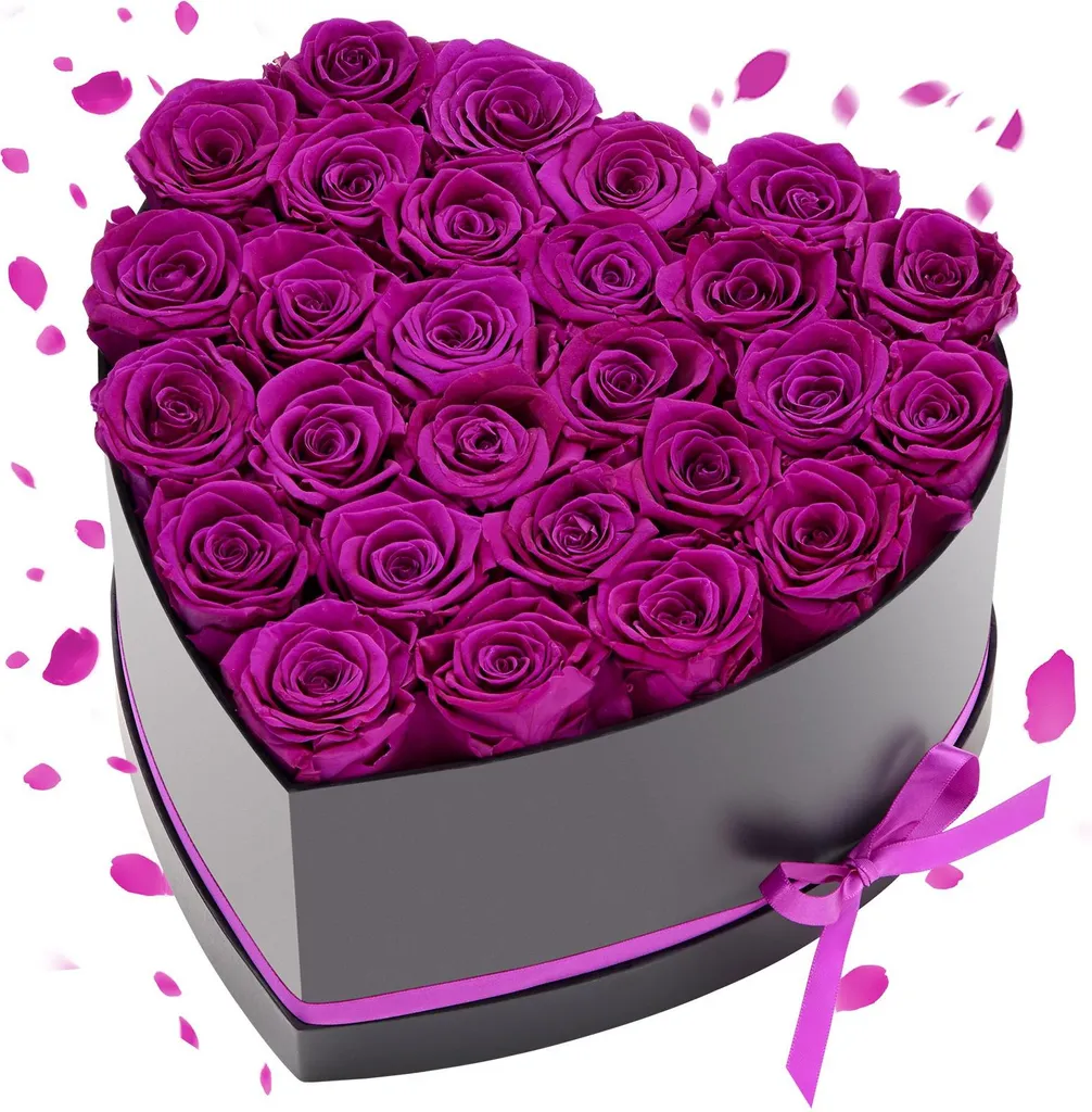 Coffret 27 roses éternelles violet - Cadeau romantique cœur fête des mères