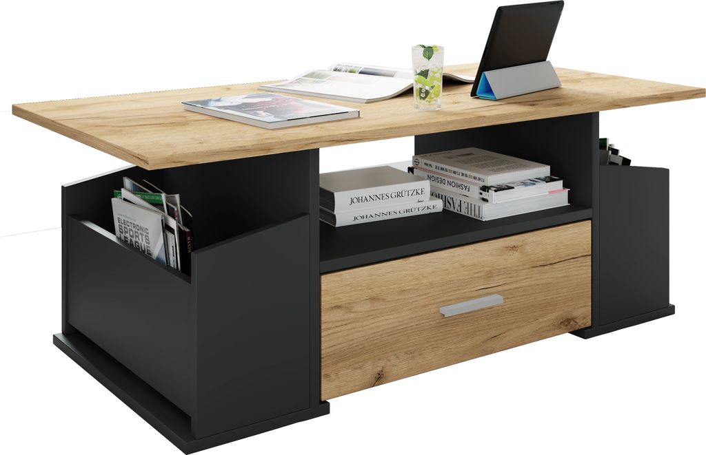 A modern coffee table with storage, featuring a lift-top and a drawer, presented against a white background.