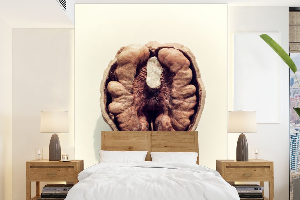 MuchoWow Fototapete für Wohnzimmer oder Schlafzimmer Wandtapete Vinyl Motivtapete Walnuss in zwei auf blassgelbem Hintergrund - 205x280 cm - Wan...