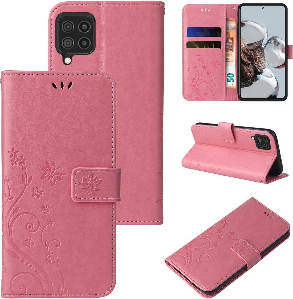 Handyhülle für Samsung Galaxy A22 (4G) Floral Blumen Schmetterling Flip Cover Hülle Case Klapphülle Handytasche Farbe: Rosegold