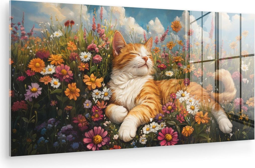 MuchoWow Glasbilder - Bilder auf Wandbild - Foto auf Glas Katze - Blumen - Entspannen 80x40 cm Wanddekoration aus Glas - Acrylglasbild - Acrylbilde...