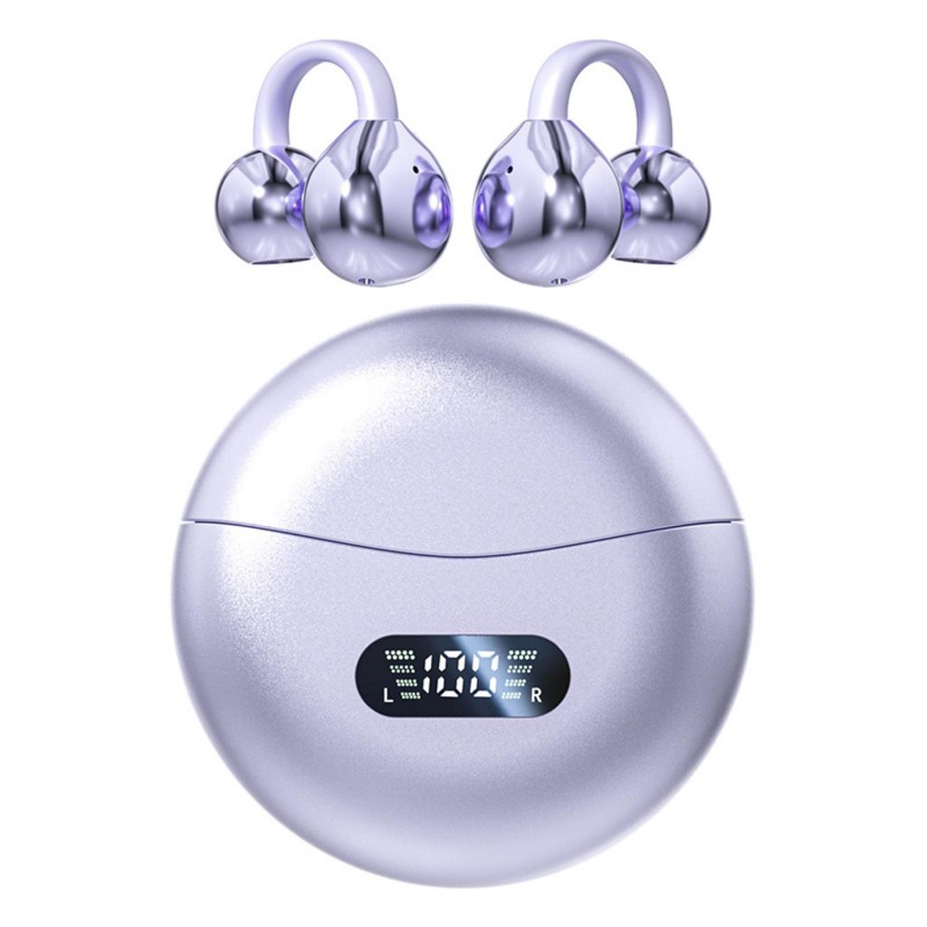 A pair of silver open-ear clip-on earbuds and their charging case are displayed against a white background.