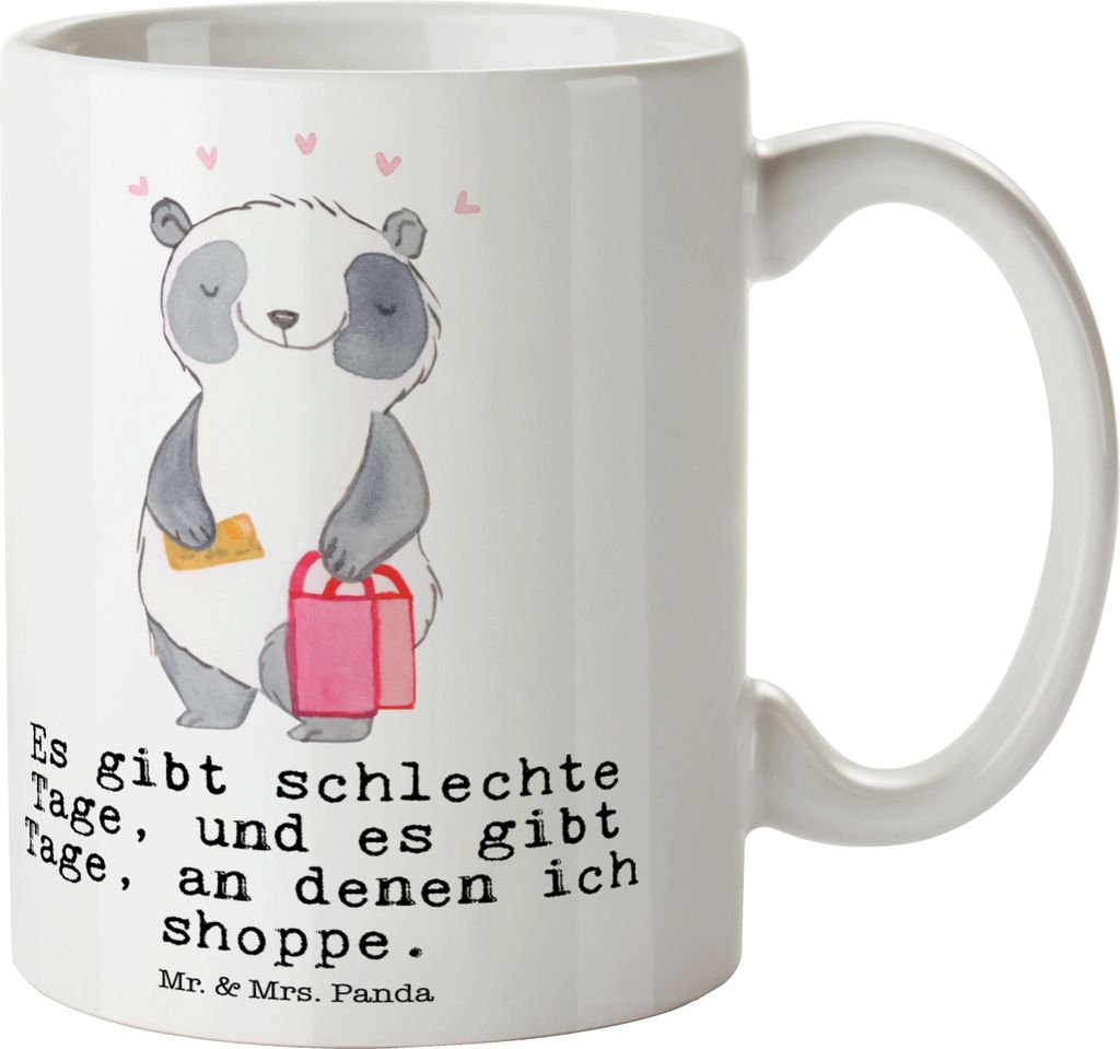 Mr. & Mrs. Panda Kaffeetasse Panda Shopping - Weiß - Geschenk, kaffeebecher bedruckt, Einkaufen, Shoppen, Henkelbecher, Tasse, cappuccinotasse