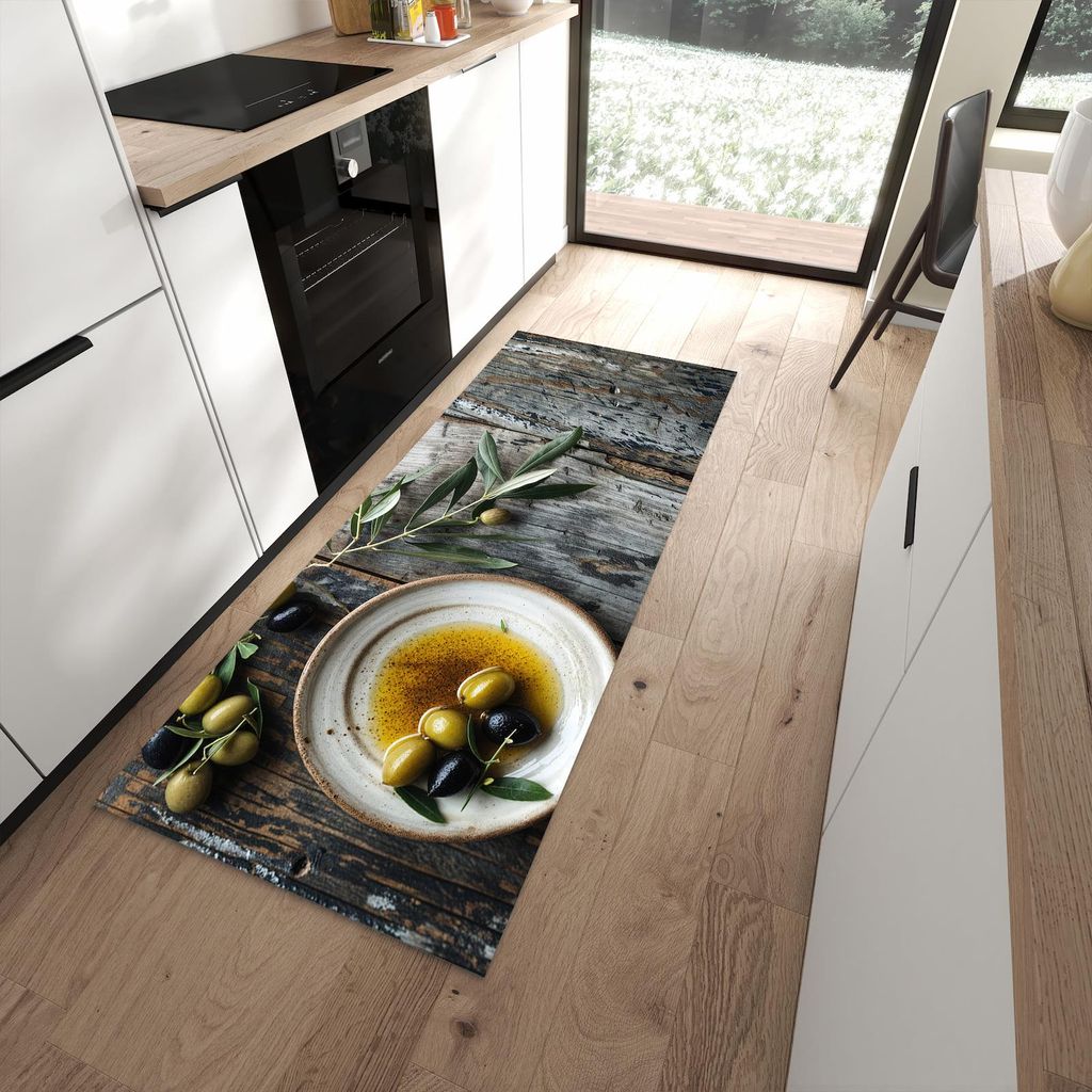 Küchenteppich 80x200cm rutschfest & abwischbar PVC Läufer - Oliven auf Teller