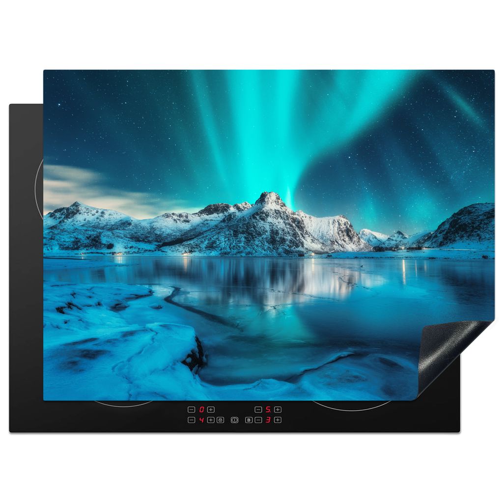 KitchenYeah Herdabdeckplatte Nordlicht - Eis - Schnee - Norwegen - Blau - Berge , 70x52cm, Küche Deko, Glaskeramikkochfeld Herdabdeckung, Abdeck...
