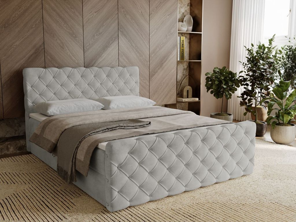 GrainGold Boxspringbett Lunaris 180x200 - Bett mit Matratze und Topper - Boxspringbett mit Bettkasten und Matratze - Boxspringbett Hellgrau (Elega...