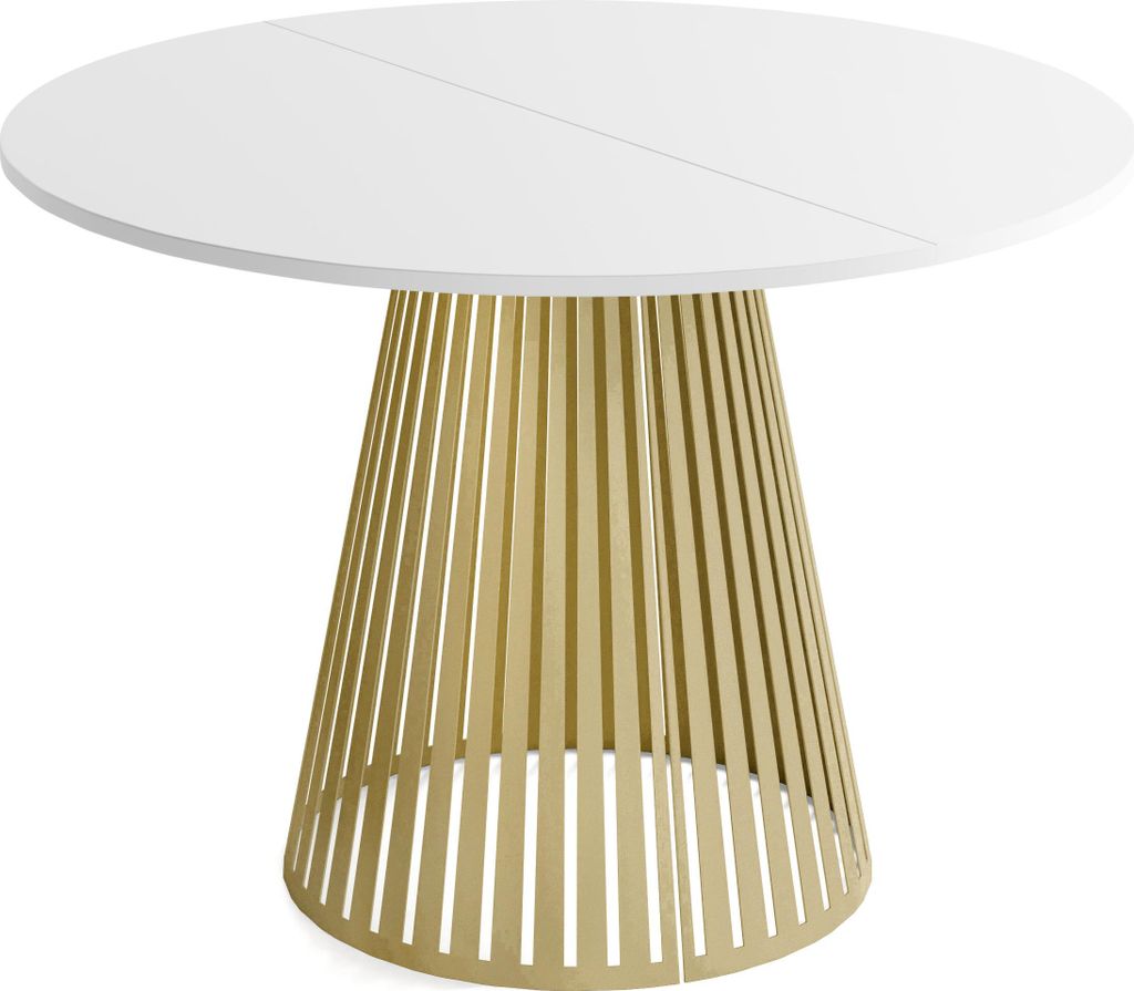 Esstisch Rund Ausziehbar mit Lamellen im Loft-Stil – 120 bis 200 cm – Industrieller Tisch mit Goldenen Metallbeinen, Platzsparend für Wohnzimm...