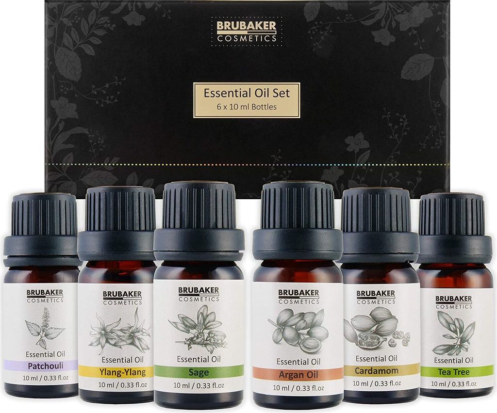BRUBAKER 6er-Set Ätherische Öle Aromatherapieöle 6 x 10 ml Naturrein - Patchouli Salbei Ylang-Ylang Kardamom Argan Teebaum - Duftöl für Diffusor