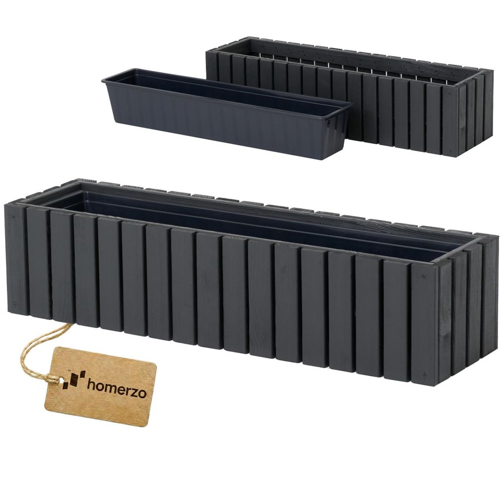 Holz Pflanzkasten Blumenkasten rechteckig – anthrazit imprägniert, mit Kunststoff-Einsatz – Pflanzkübel für Balkon, Garten & Terrasse 86x23 H20