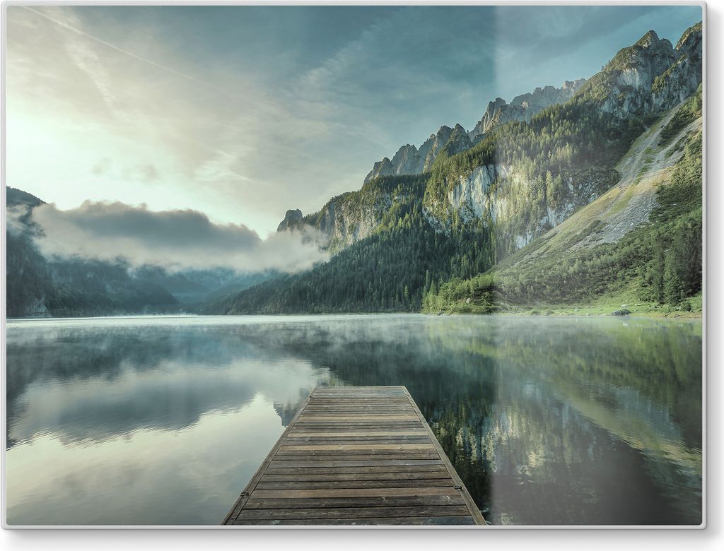 DEQORI Schneidebrett Glas 40x30 cm 'Nebelgeheimnis am See' Schneideplatte Servierplatte
